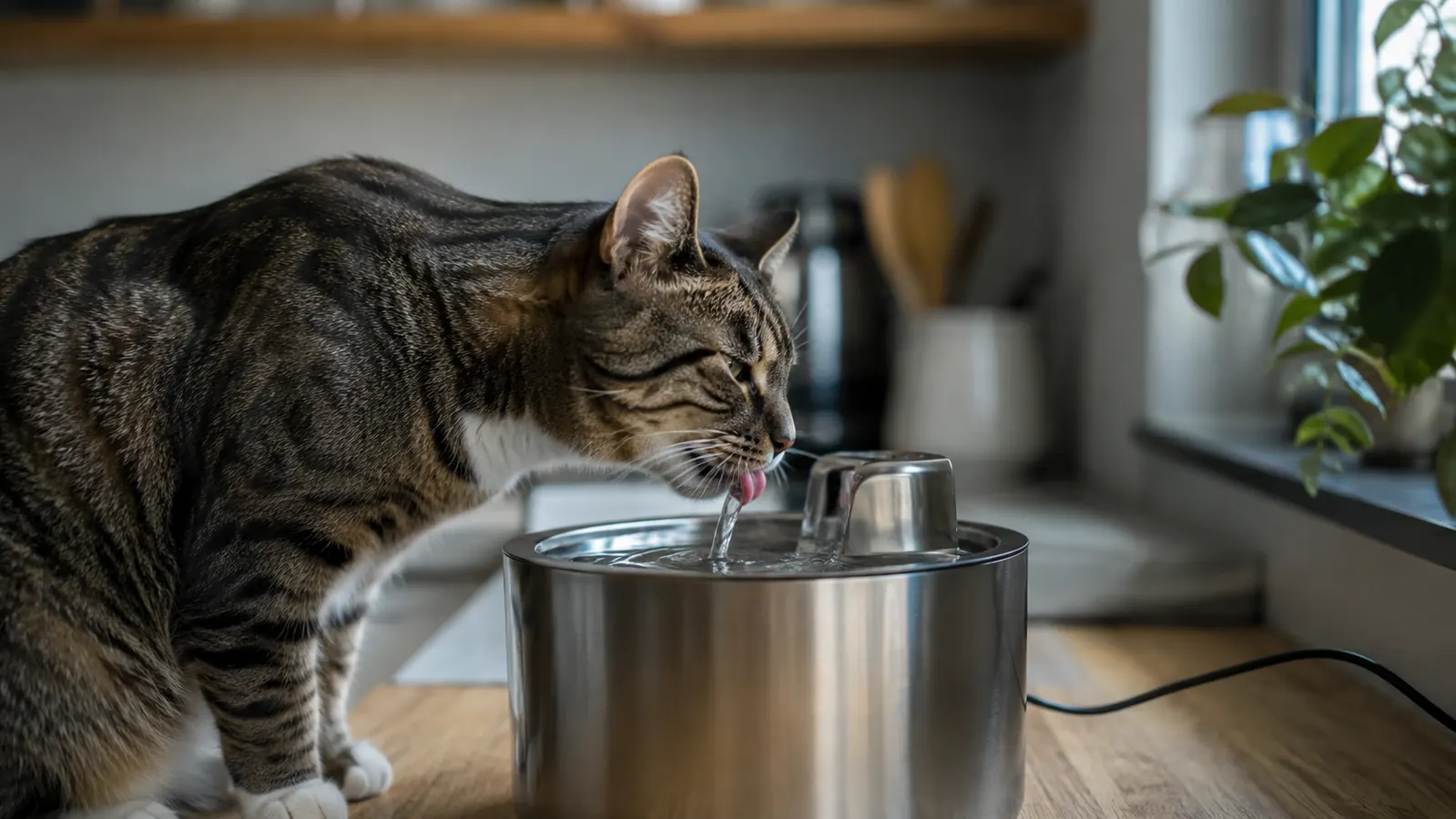 A tabby cat drinking from a stainless steel circulating fountain on a kitchen counter in soft morning light