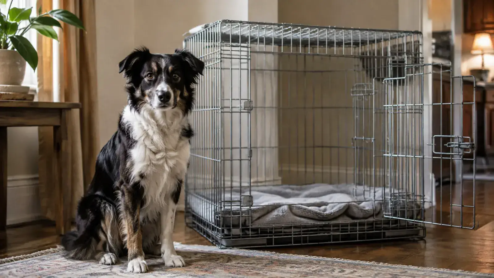 A silver wire dog crate with an open door and a folded blanket inside, sitting in a bright corner of a living room with a dog watching from outside
