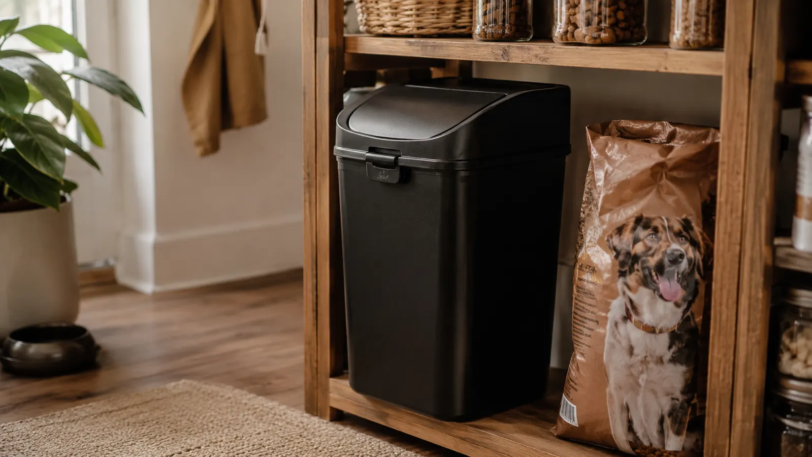 A black 38 lb airtight pet food storage bin sitting on a pantry shelf next to bags of kibble, soft daylight from a kitchen window