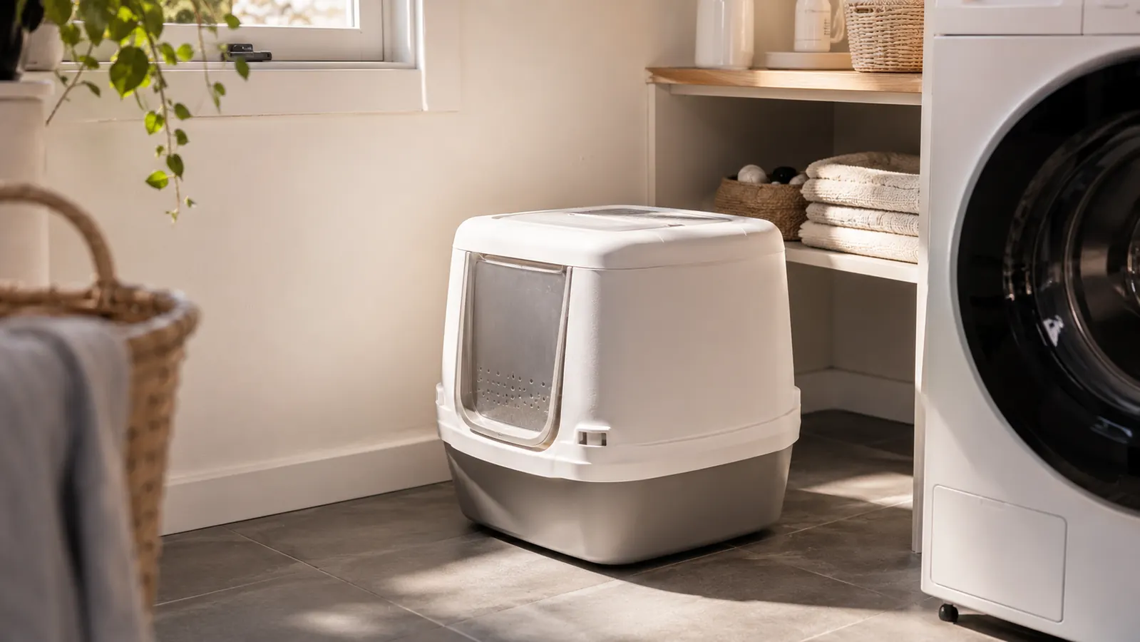 A covered top-entry litter box in the corner of a tidy laundry room, soft daylight from a window