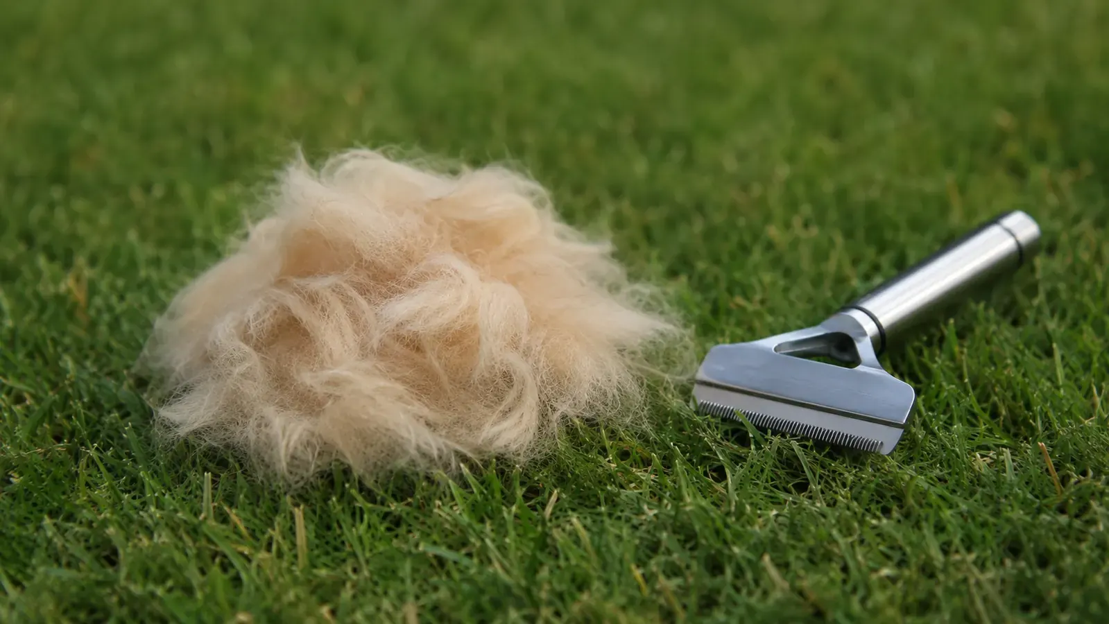 A small pile of loose dog fur collected on green grass beside the deshedding tool