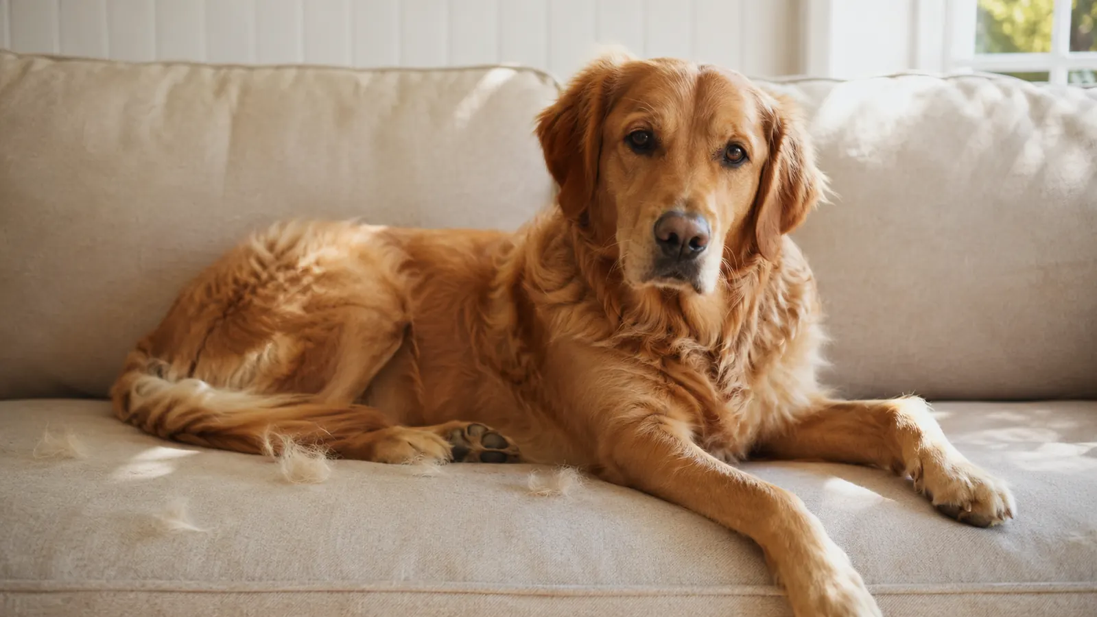 A medium golden dog lying on a light couch with a small tuft of loose fur near its hip