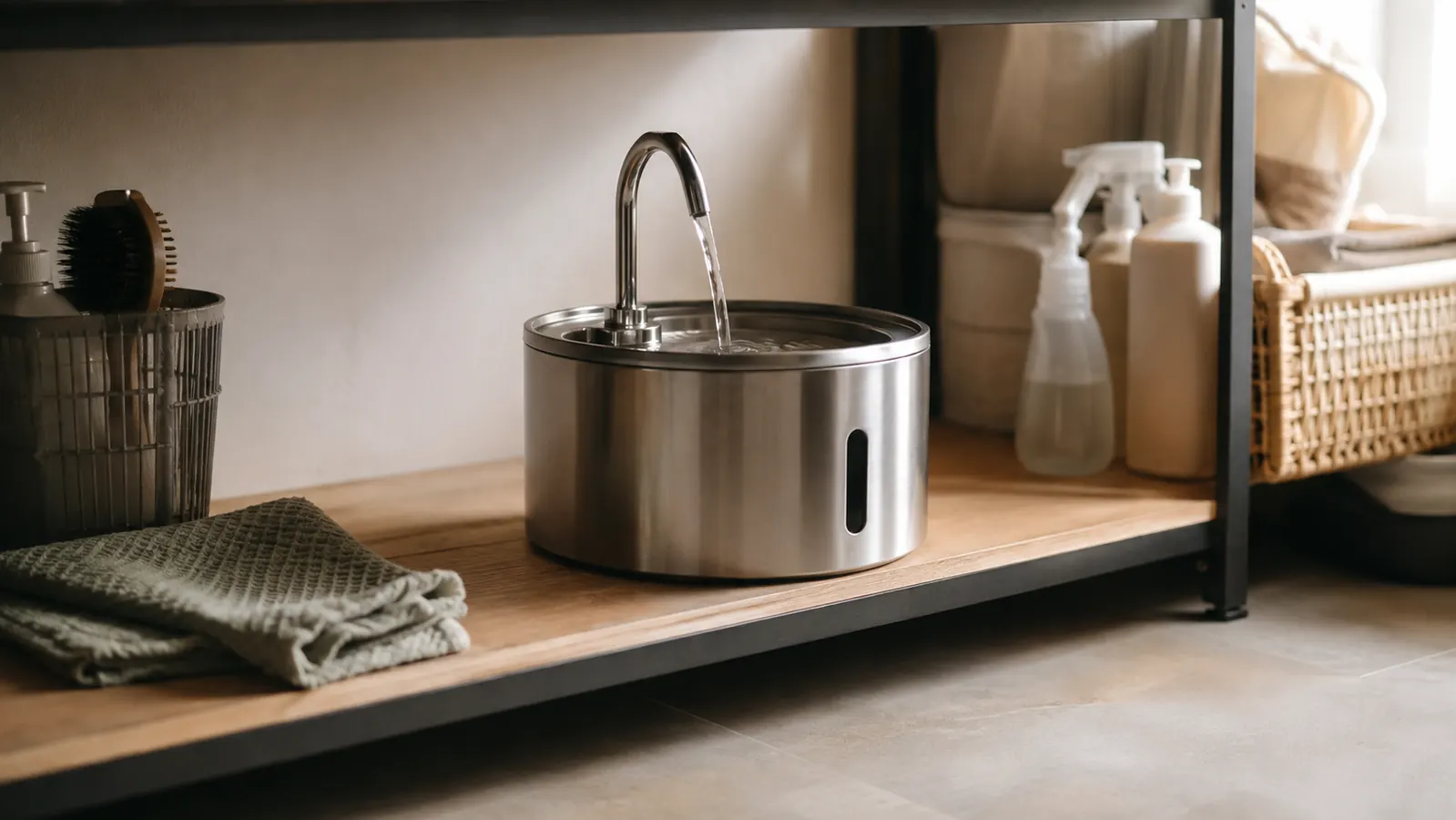 A stainless steel cat water fountain sitting on an open shelf beside a bowl and a folded cloth, clean and tidy utility-room setting