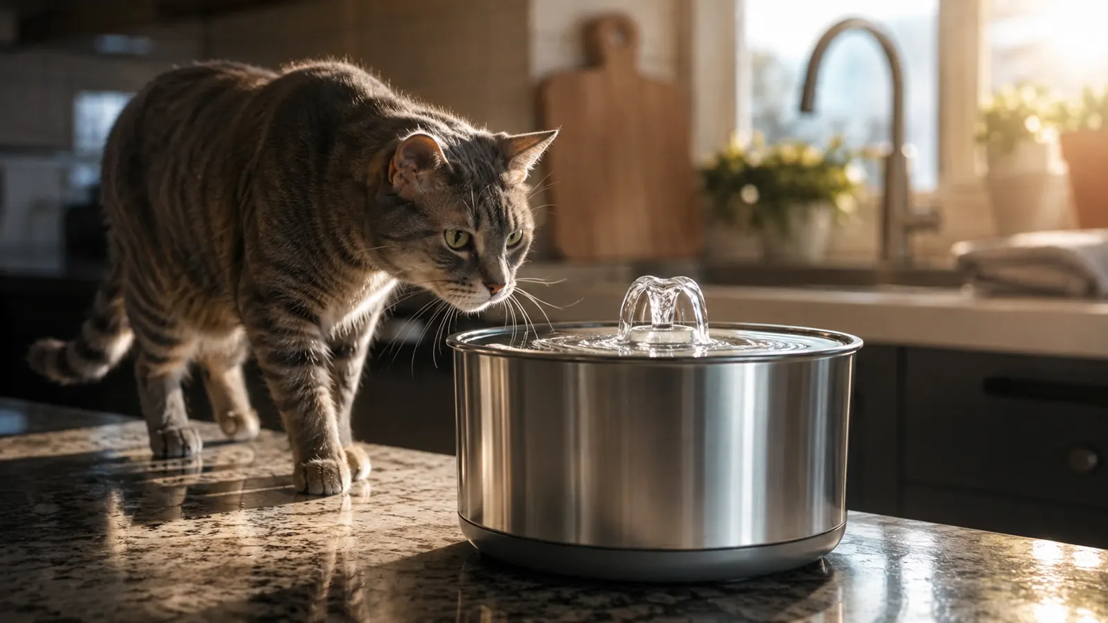 A stainless steel cat water fountain on a kitchen counter beside a windowsill, soft morning light, a tabby cat approaching it