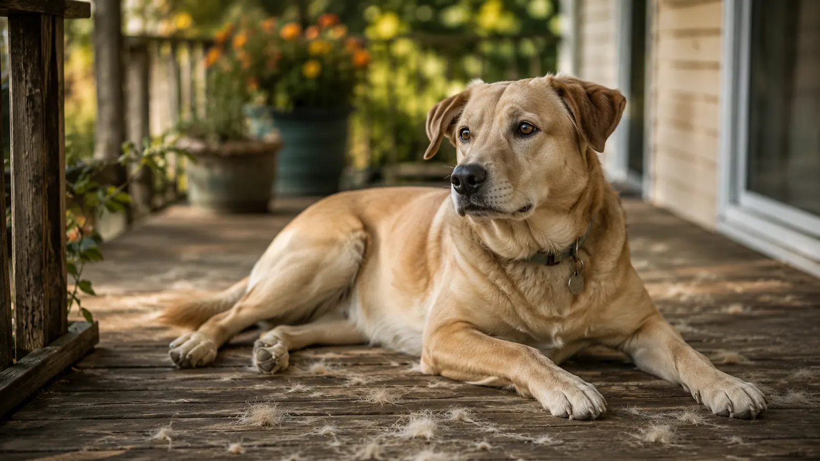 A yellow lab mix lying on a sunlit back porch with a light scatter of shed undercoat on the boards around it