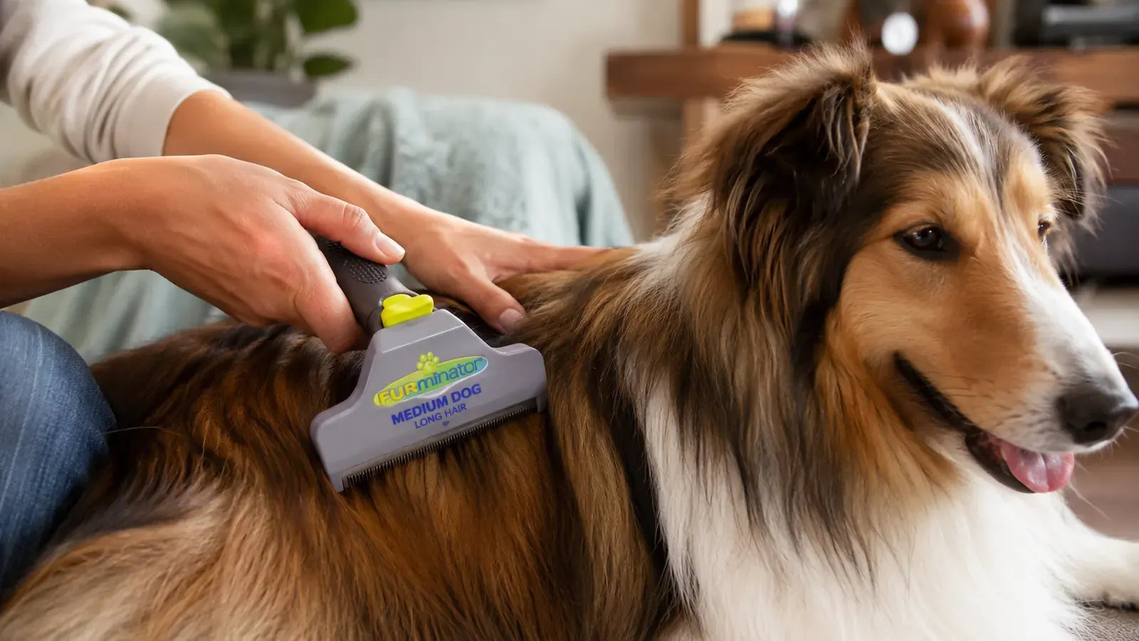 A hand holding a FURminator deshedding tool and working it through a long-haired dog's coat in smooth strokes