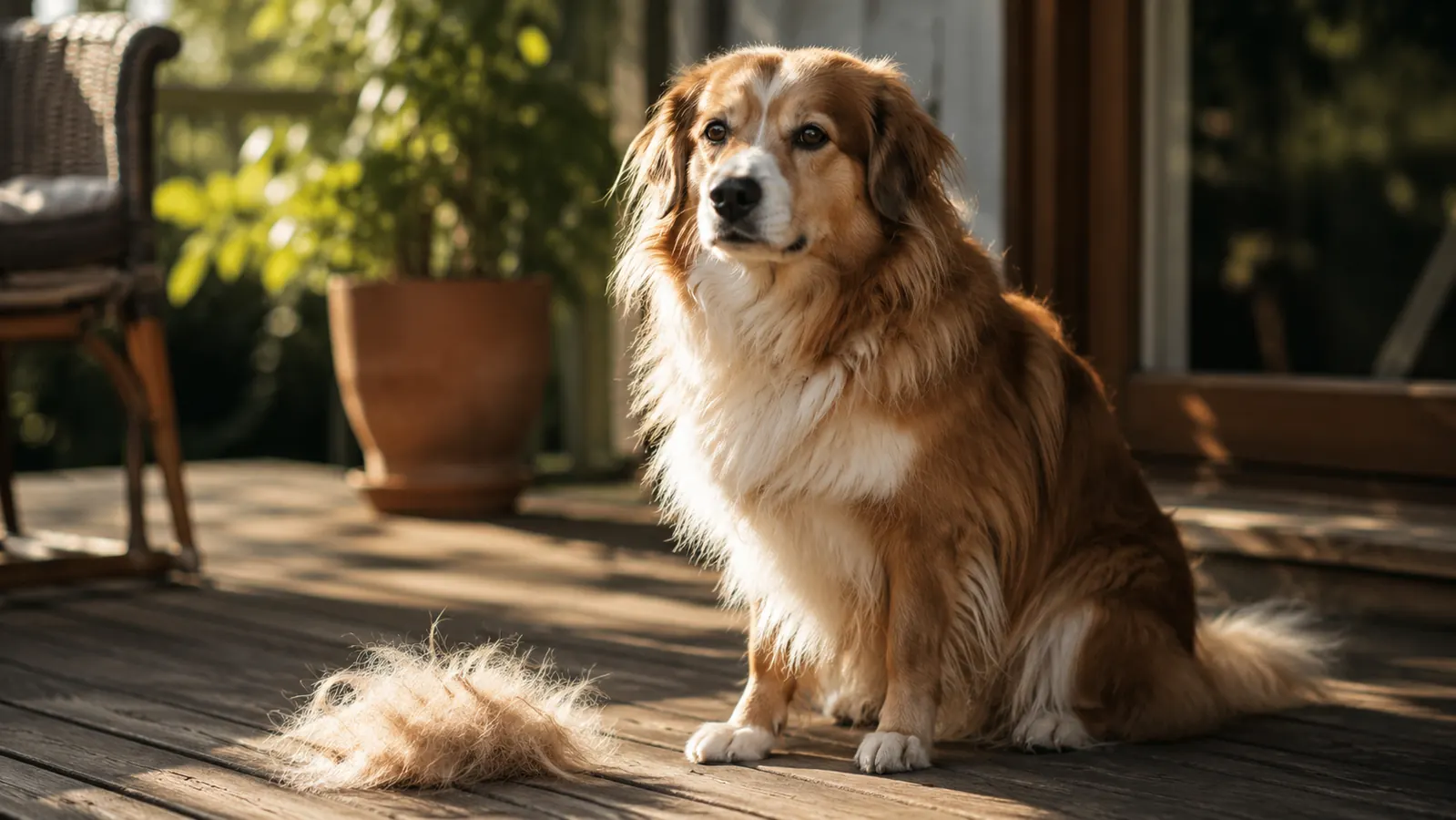 A medium long-haired dog lying calmly on a porch in warm afternoon light, with a small pile of brushed fur beside it