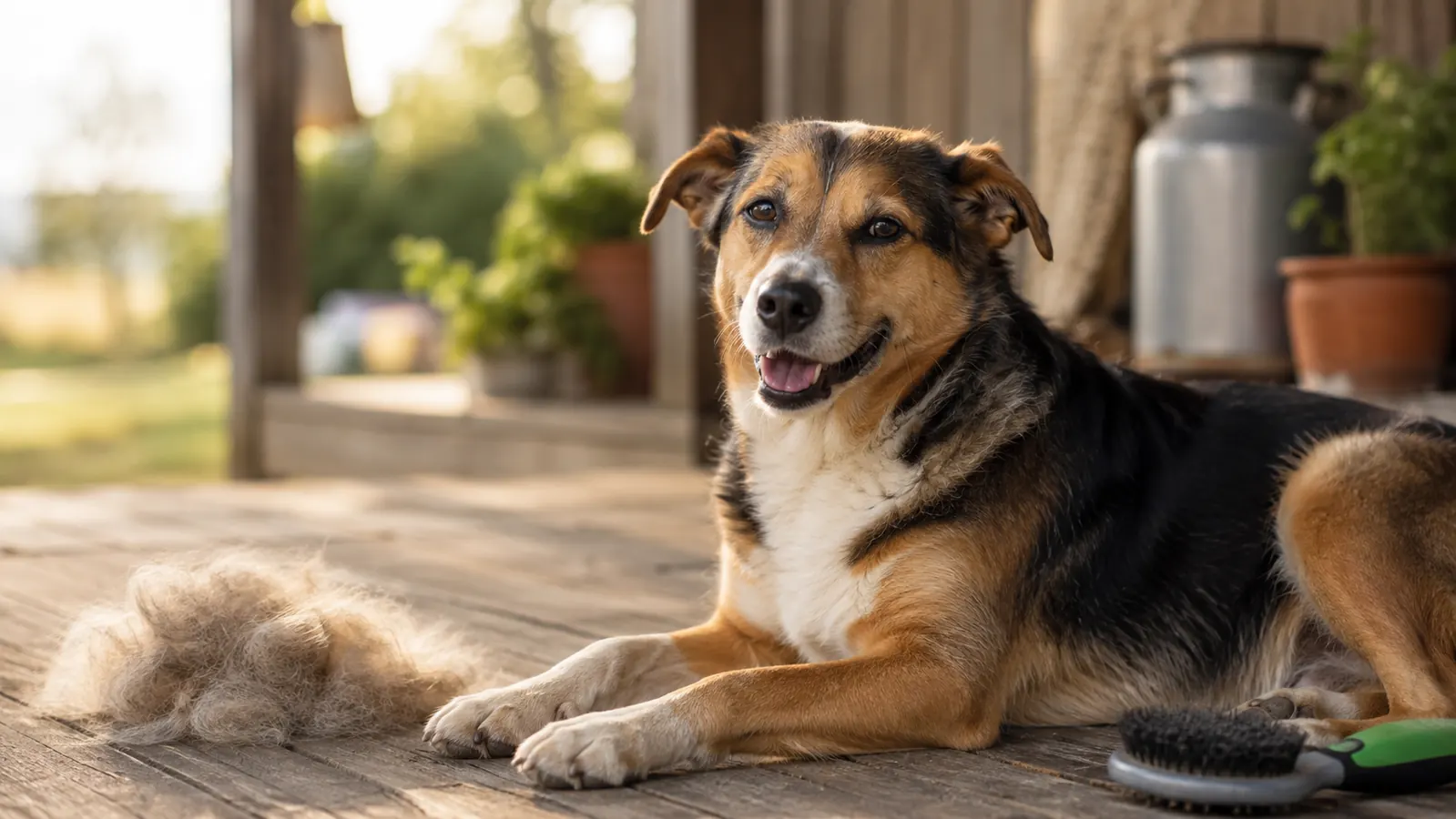A relaxed medium mixed-breed dog resting on a porch with a small neat pile of loose undercoat fur brushed out on the boards beside it