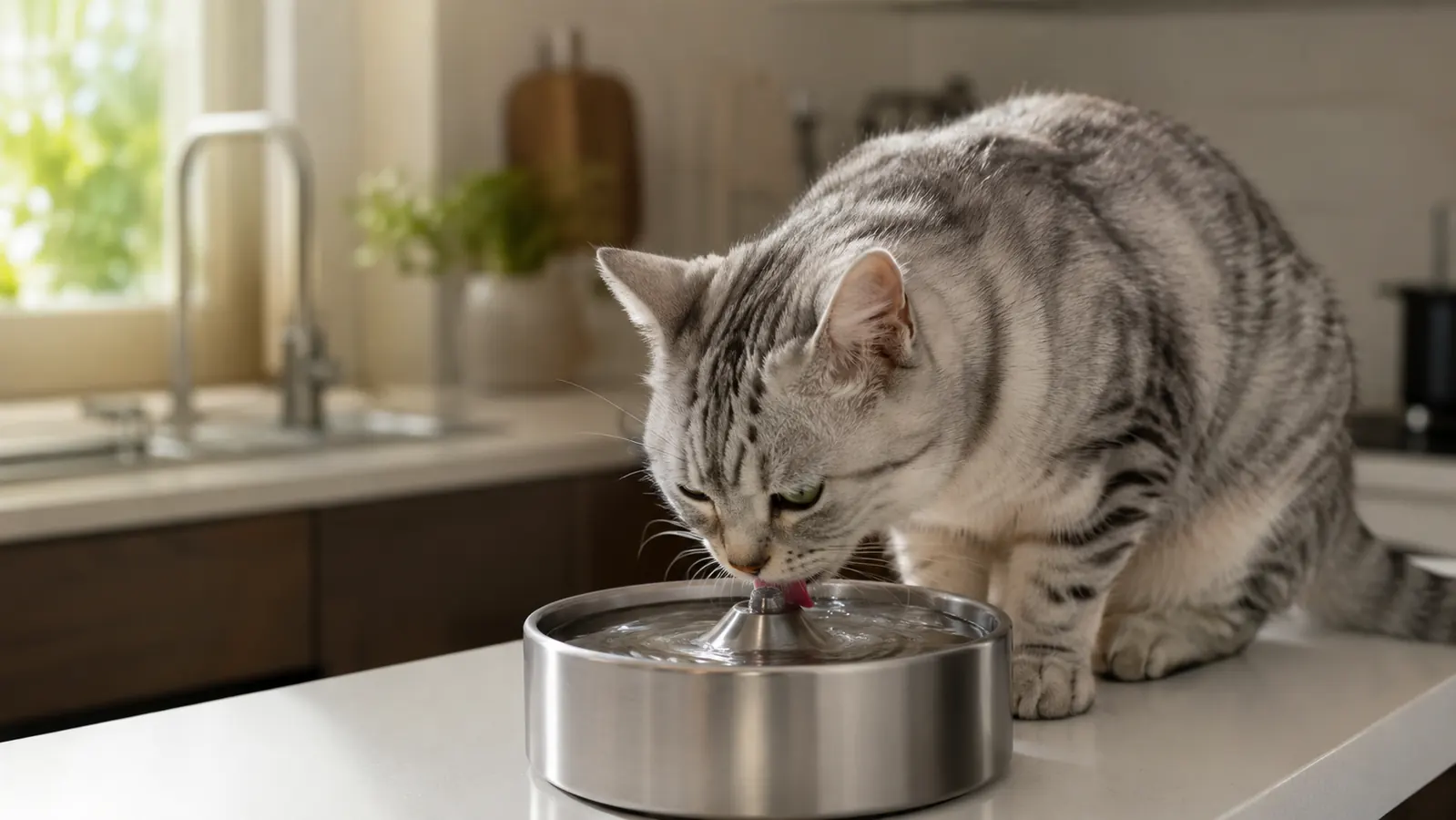 A silver tabby cat drinking from a stainless steel water fountain on a kitchen counter, soft natural light from a window