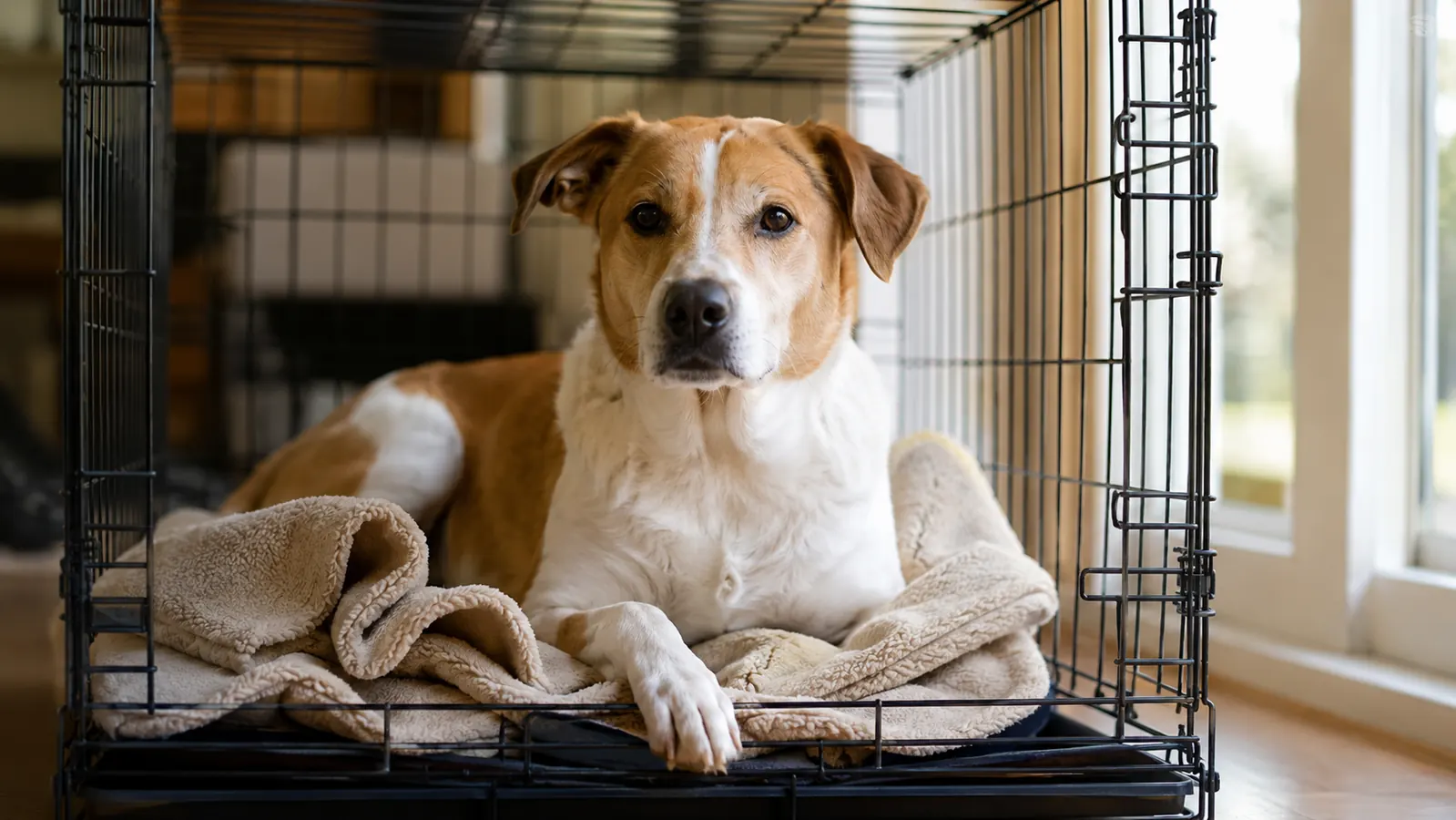 A relaxed tan and white dog lying on a soft cushion inside an open wire crate by a living room window, soft natural light