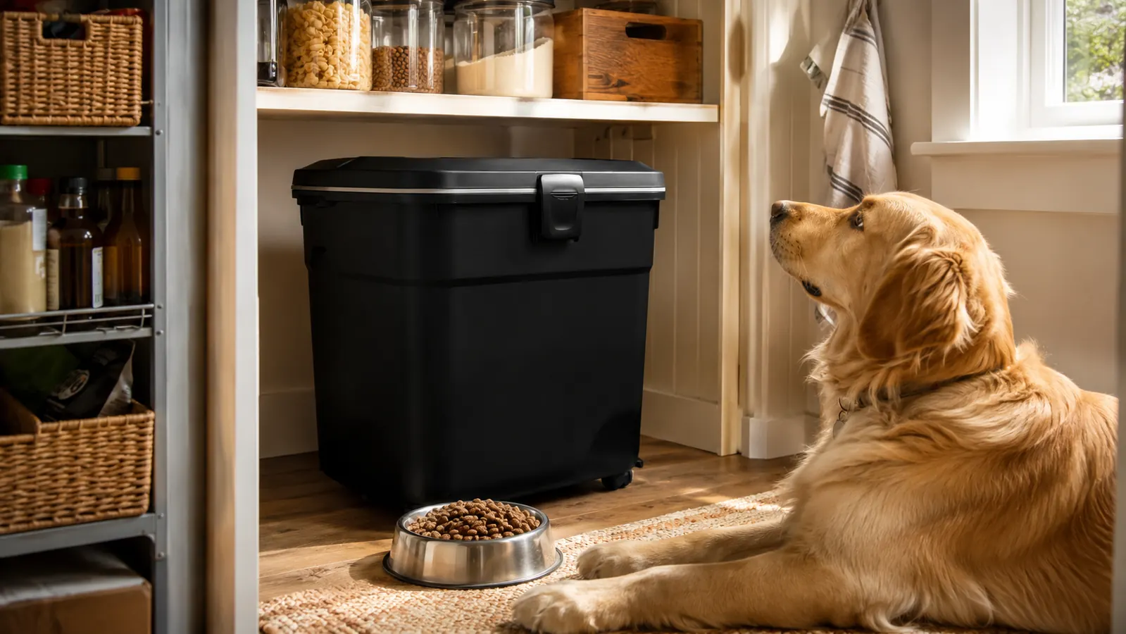 A black airtight food storage bin sitting on a clean pantry shelf beside bags of kibble
