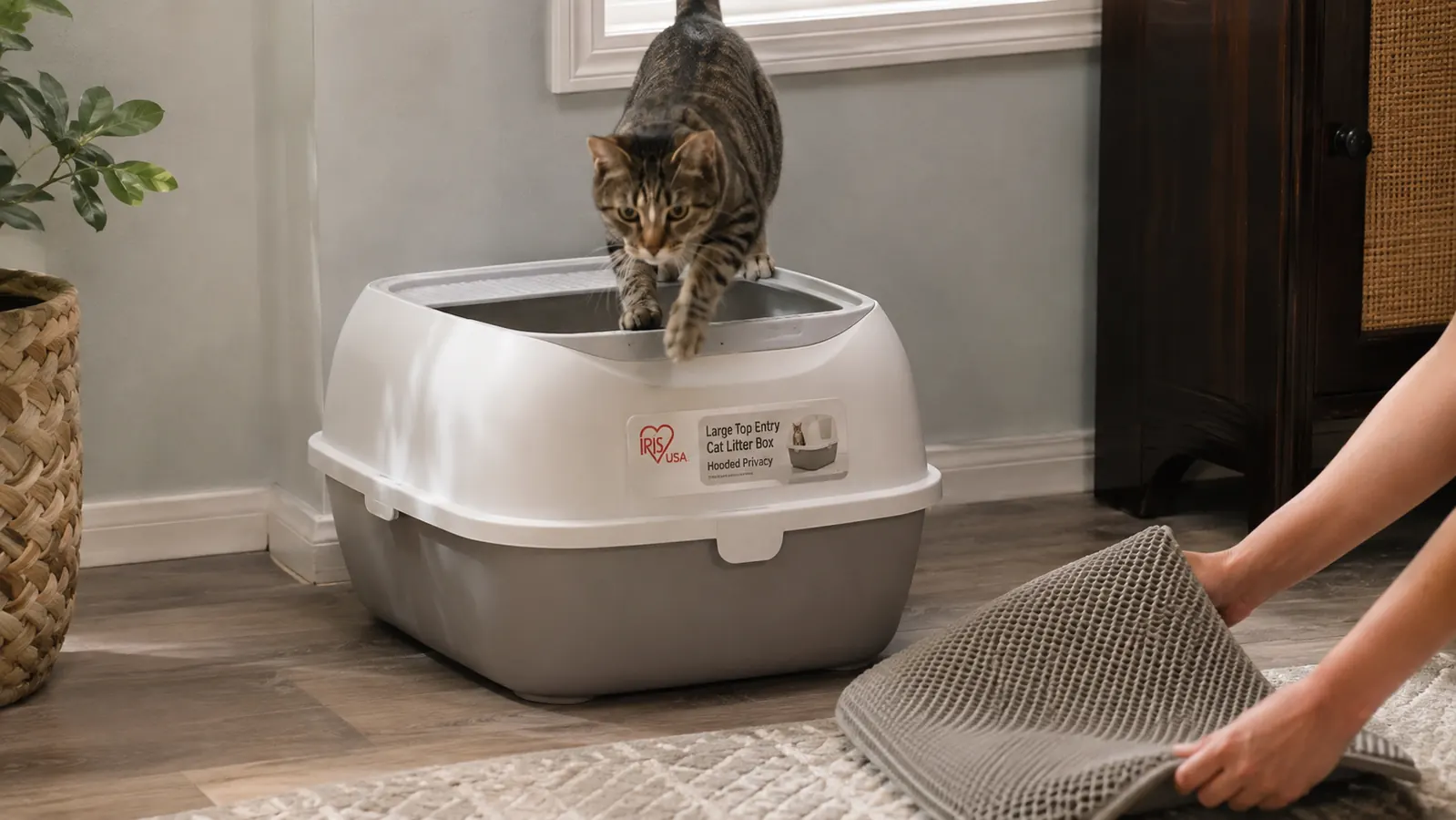 A tabby cat hopping over the rim of a top entry litter box to enter from above