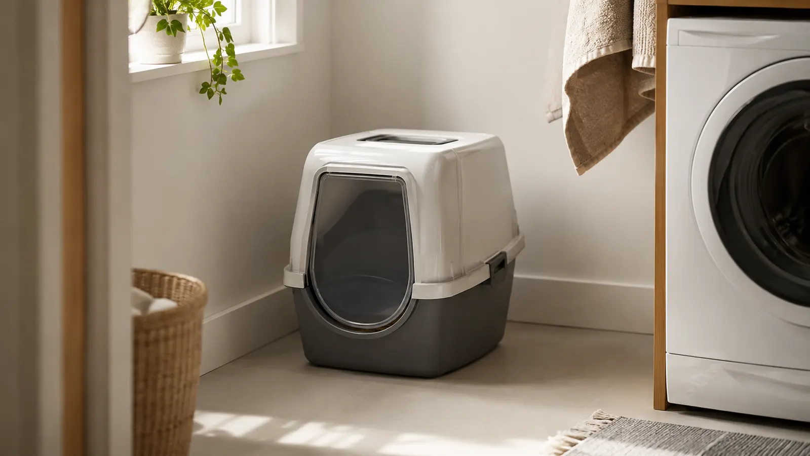 A hooded top entry litter box sitting in the corner of a bright laundry room, lid closed