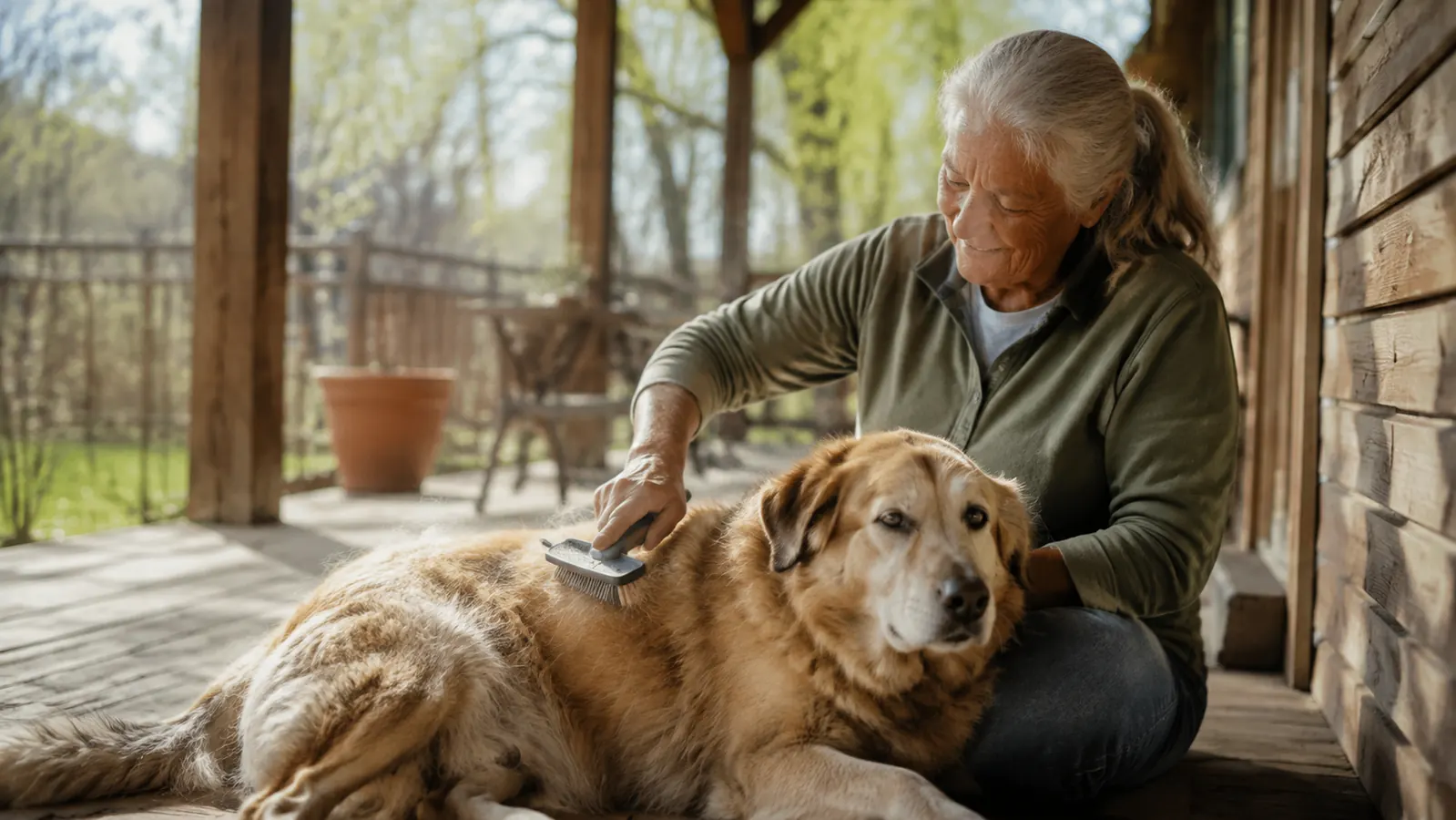 An older man sitting on a porch step in soft morning light brushing a relaxed shepherd mix that has a loose clump of undercoat visible on its flank
