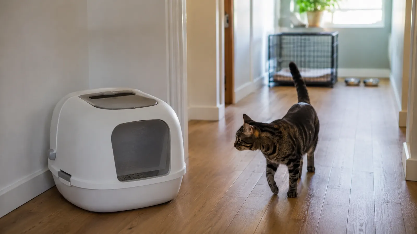 A top entry cat litter box in a quiet hallway away from a dog crate and the food bowls, a cat walking toward it