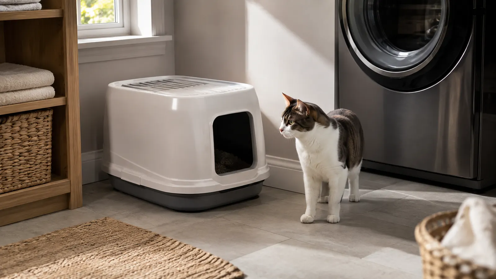 A top entry cat litter box with a sage green lid sitting in the corner of a bright laundry room, next to a small grey cat looking up at it