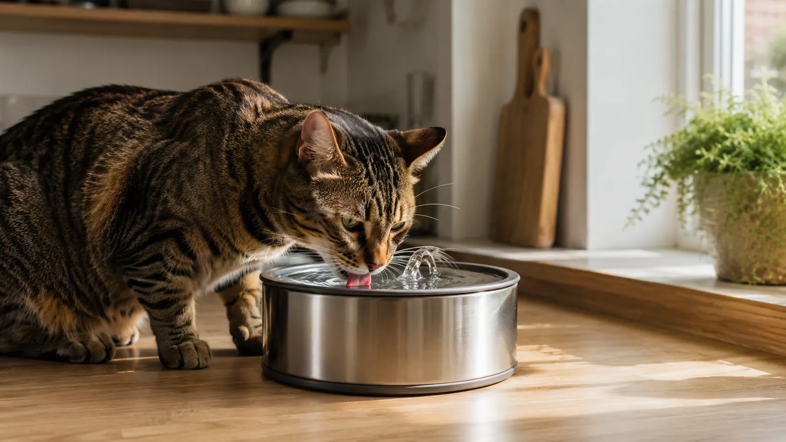 Stainless steel pet water fountain on a kitchen counter with a cat drinking from it in soft morning light