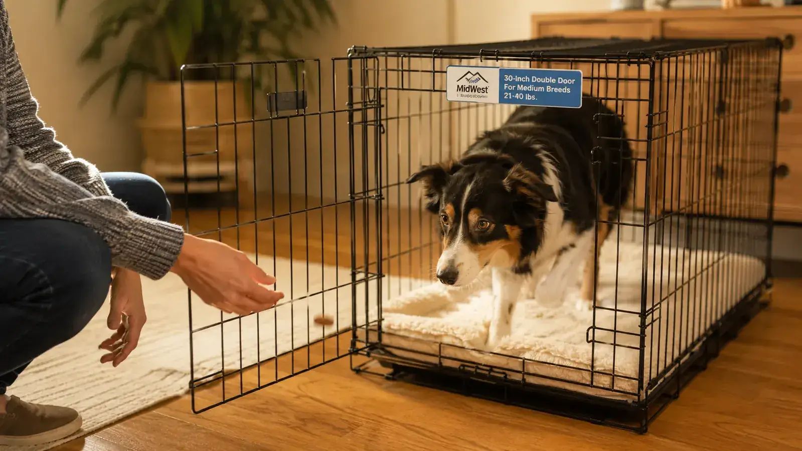 A hand tossing a small treat into a wire dog crate while a medium dog watches, inside of the crate showing a soft mat