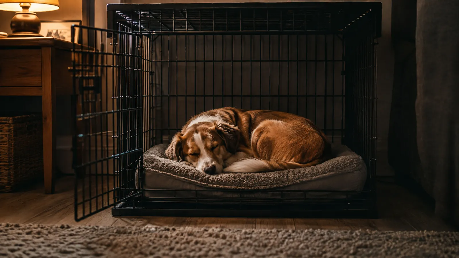 A medium dog curled up asleep on a soft bed inside a wire crate with the door left open, late evening lamplight