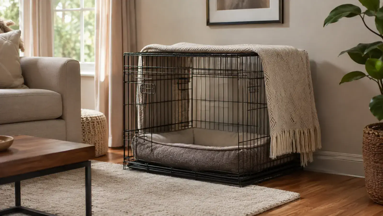 A wire dog crate with a soft bed and towel over the top sitting in a quiet corner of a living room, morning light coming through a window