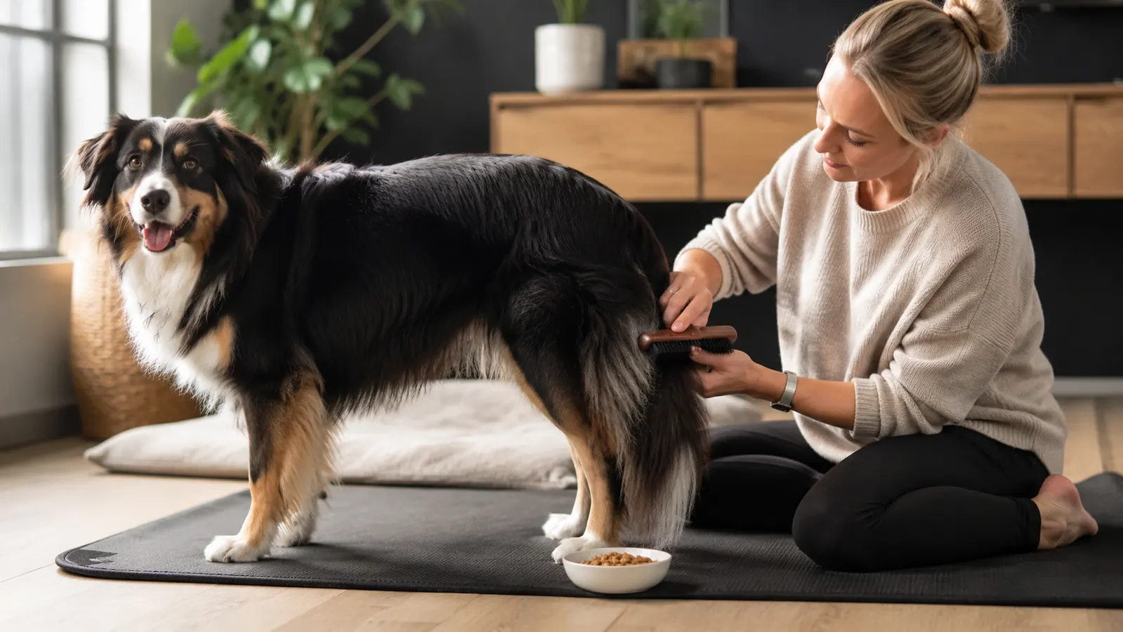 A person brushing a dog's rear flank and tail while the dog stands content beside a grooming mat and a bowl of treats