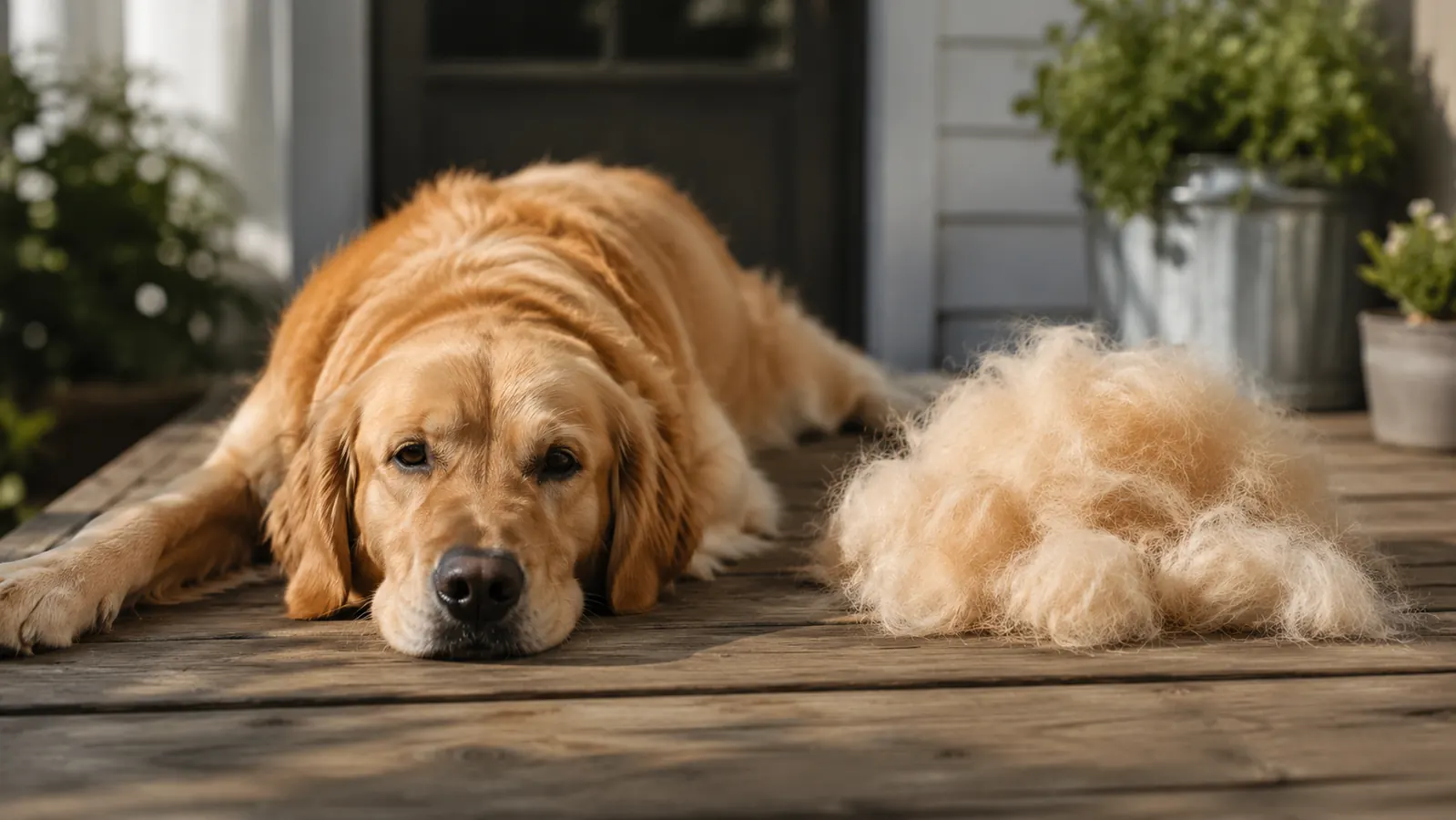 A calm golden retriever lying on a porch with a pile of brushed-out fur on the boards beside it