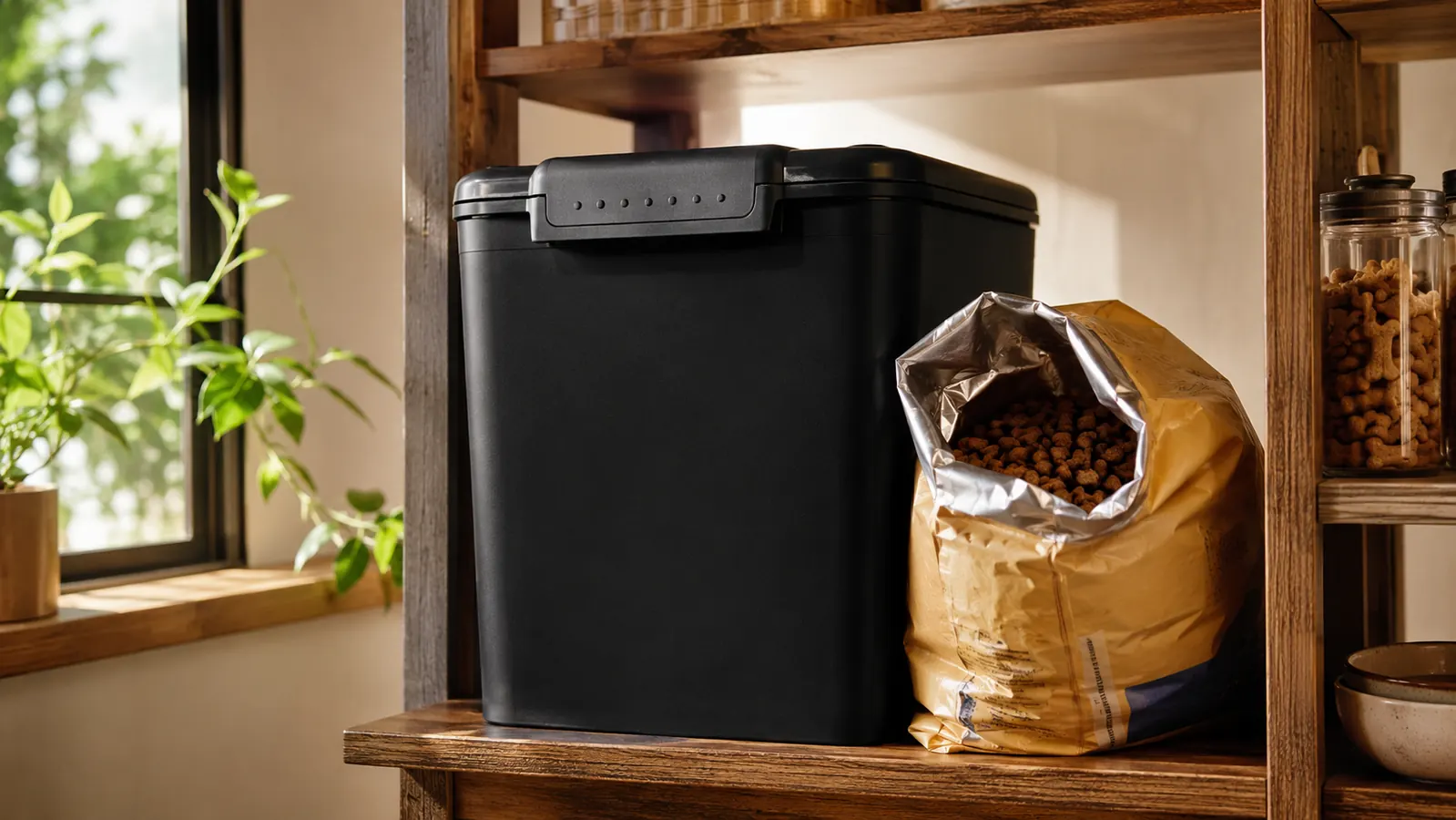 Black airtight dog food storage container on a pantry shelf beside a stack of kibble bags