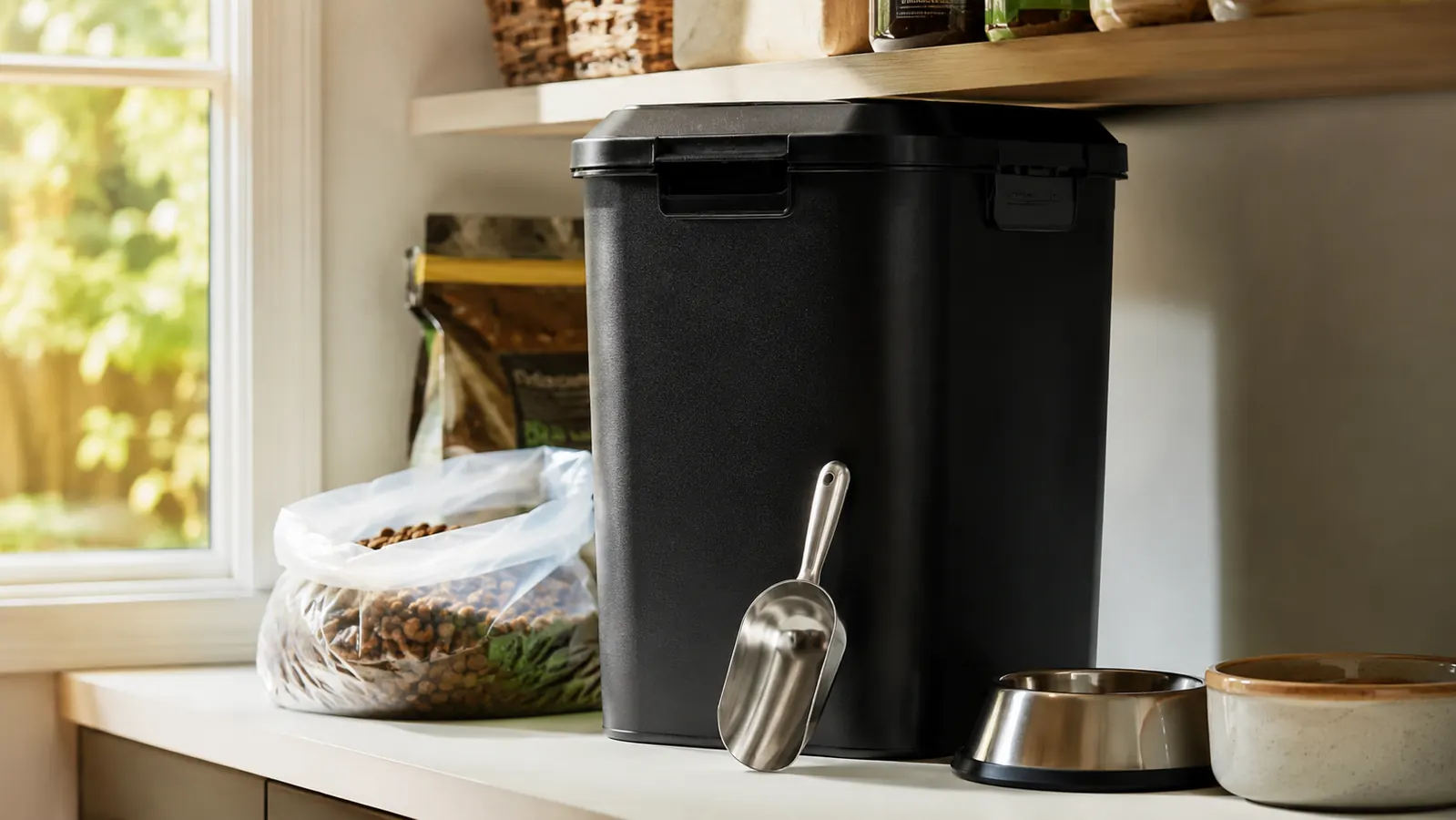 Black 38 lb airtight dog food storage bin with a stainless scoop resting on the lid, sitting on a pantry shelf beside bags of kibble