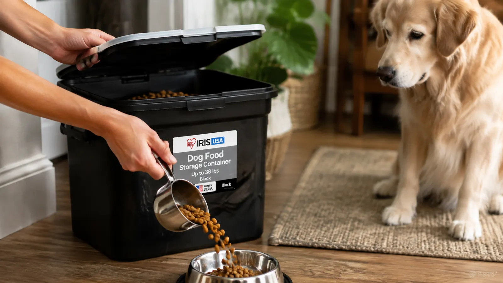 A hand scooping kibble out of the open black storage bin and pouring it into a stainless steel dog bowl