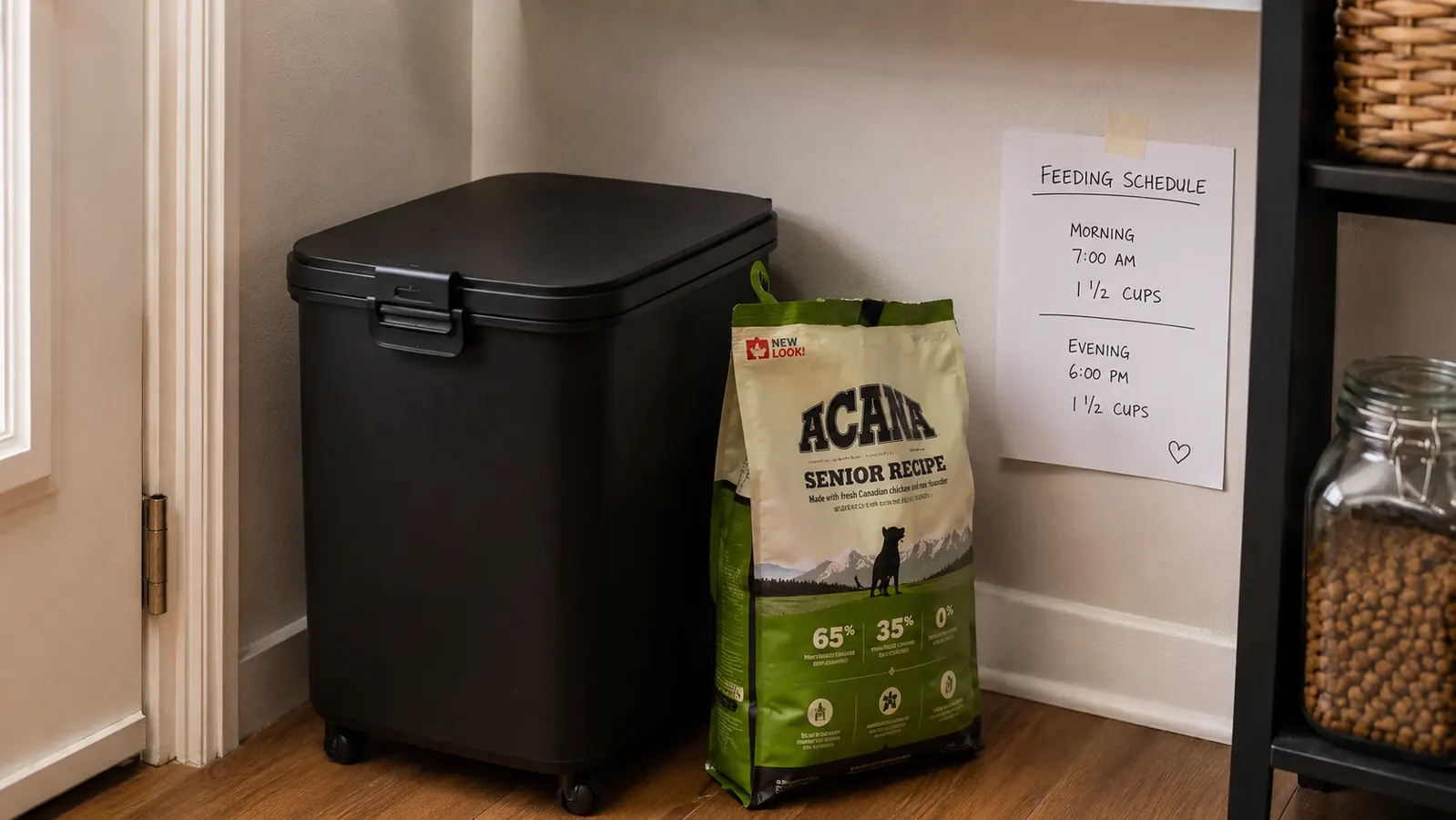 An organized pantry corner with the black food bin, bags of kibble, and a small handwritten feeding chart on the wall