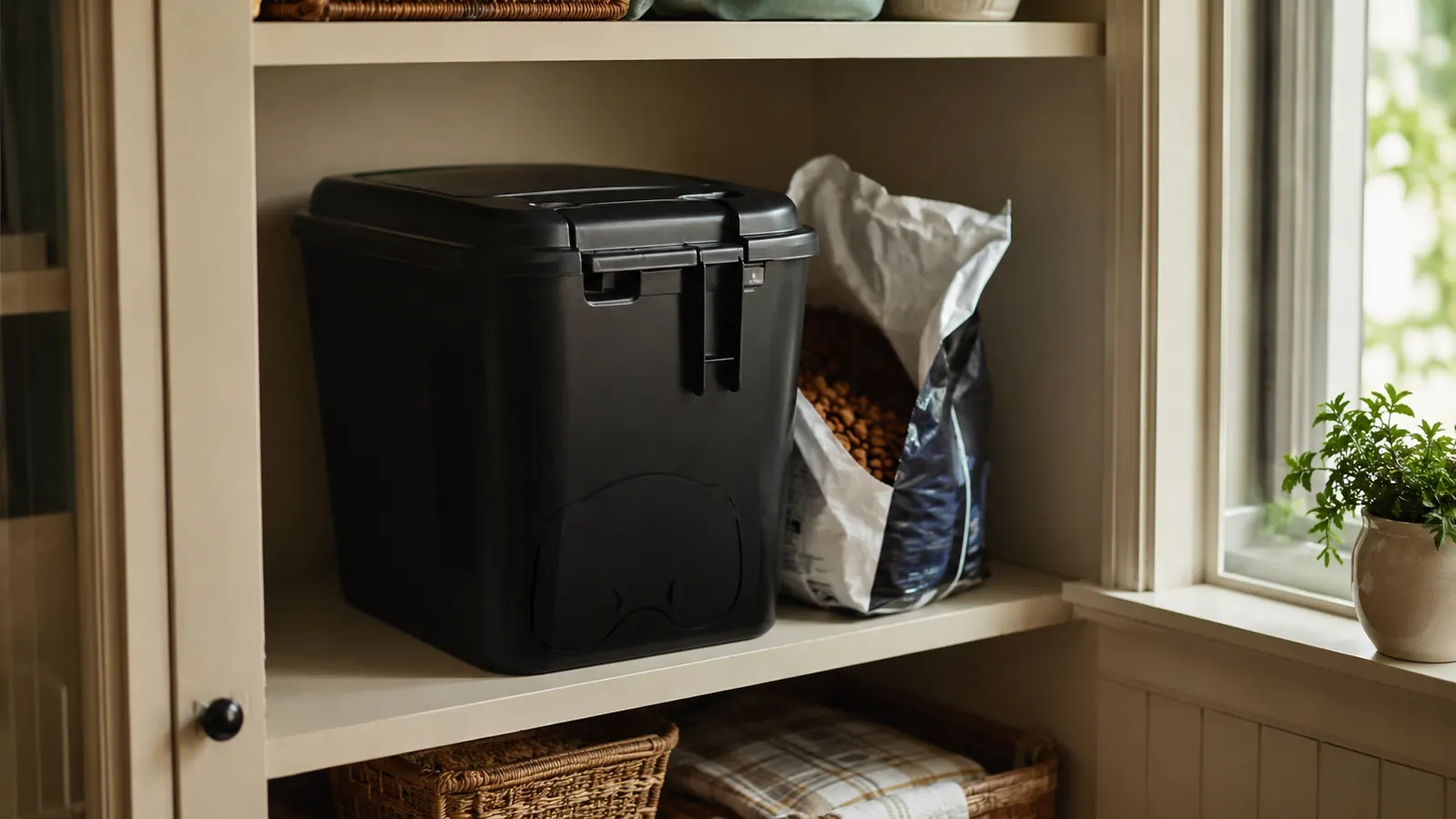 A black airtight pet food storage bin sitting on a pantry shelf beside a bag of kibble, soft morning light from a window