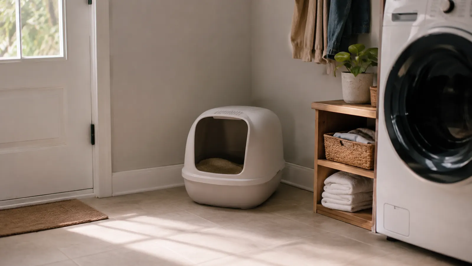 A hooded top entry cat litter box sitting in the corner of a bright laundry room, soft window light, tiles around it