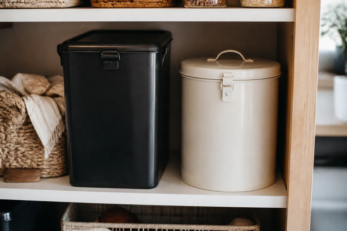 Two dog food storage containers side by side on a pantry shelf, the taller black IRIS bin beside the round Gamma2 drum