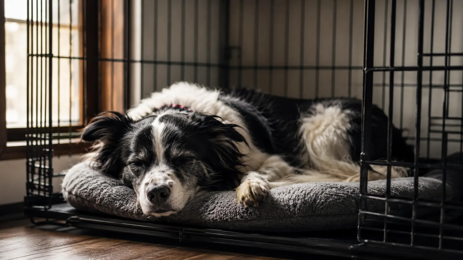 A medium border collie mix curled up comfortably on a grey blanket pad inside a wire dog crate near a window