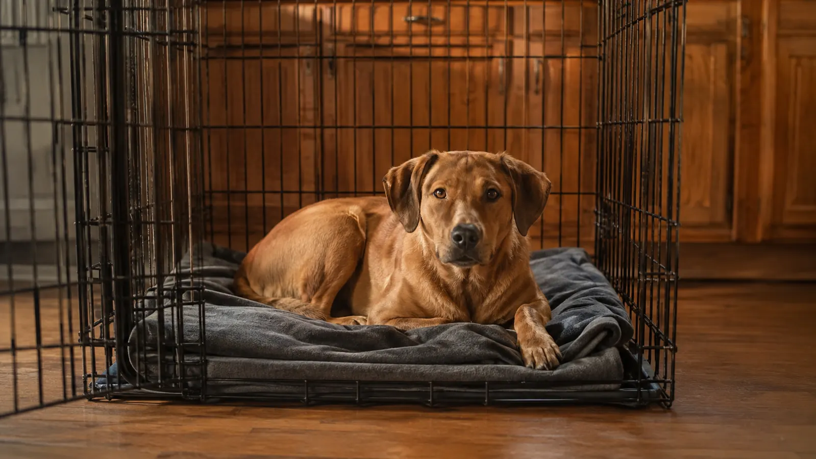 A tan lab mix puppy resting calmly on a folded grey blanket inside a wire dog crate in a warm kitchen