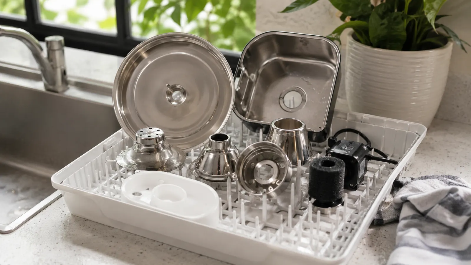 A clean empty stainless steel fountain bowl with the pump removed drying on a dish rack