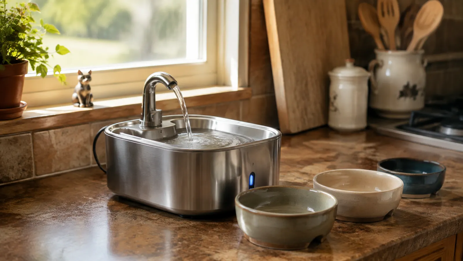 A stainless steel cat water fountain on a kitchen counter beside three cat bowls, soft morning light through a window
