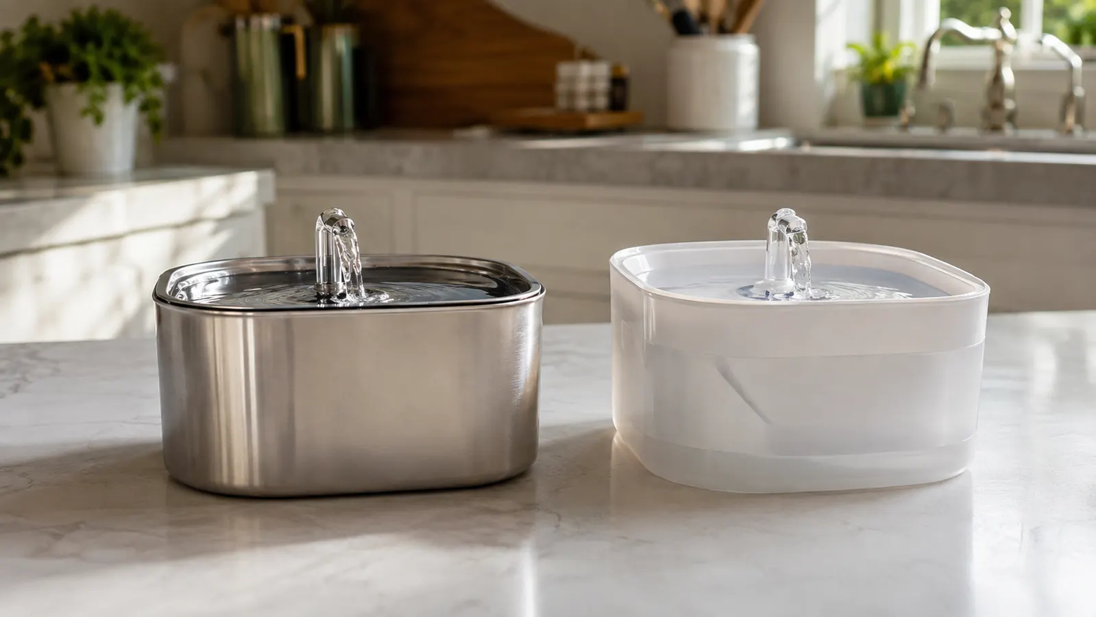 Two pet water fountains side by side on a kitchen counter, one brushed stainless steel and one white plastic, bright and clean