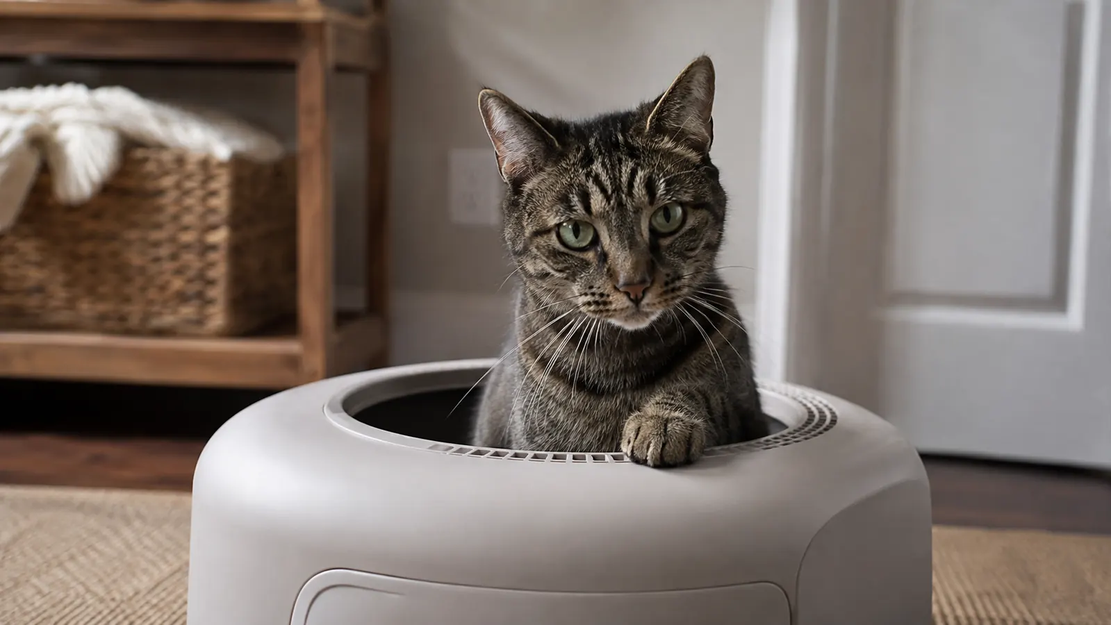 A tabby cat climbing out of the top of a top entry cat litter box, one paw on the rim