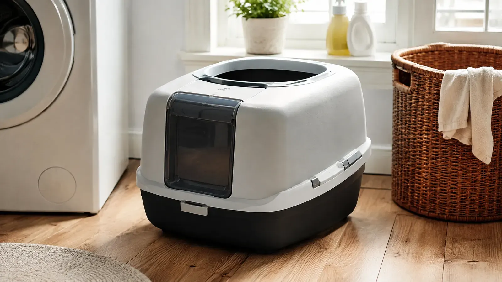 A large top entry cat litter box sitting in the corner of a bright laundry room, beside the washing machine