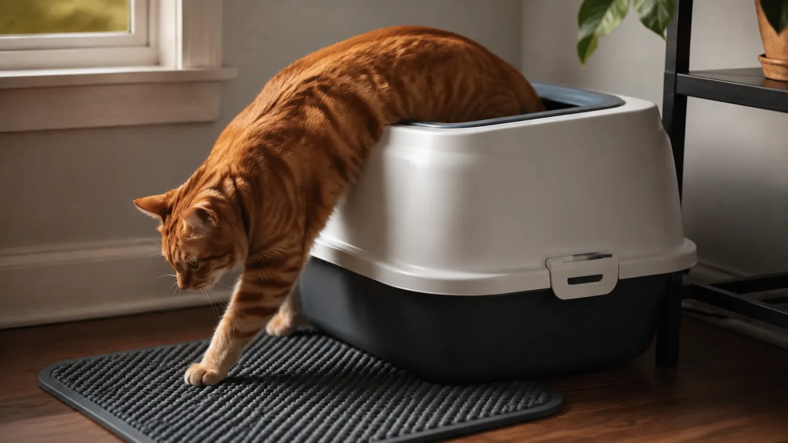 A cat hopping down out of the top opening of a hooded litter box, landing on a washable mat