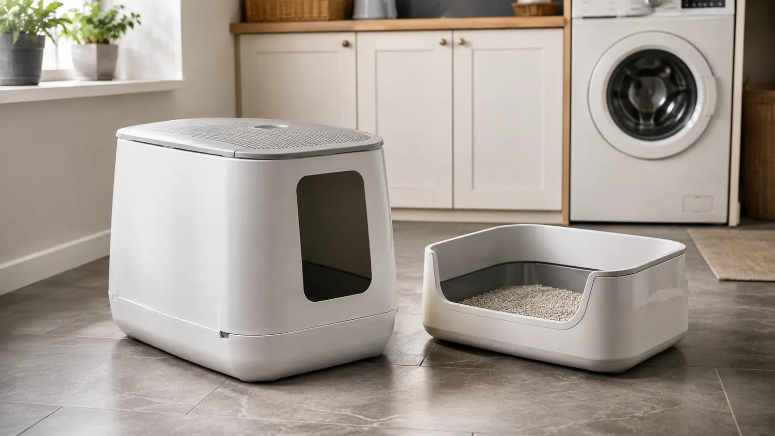 Two litter boxes side by side in a bright laundry room corner, a sealed top entry box with a flat white lid next to a low open front entry pan