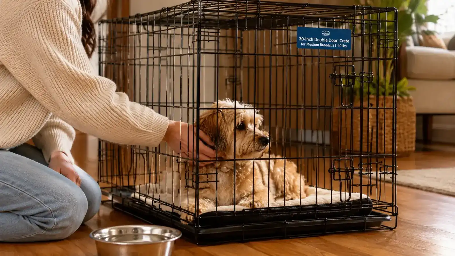 A person kneeling and rubbing a small dog's shoulder through the bars of a wire crate as the dog settles inside, a dish of water just outside