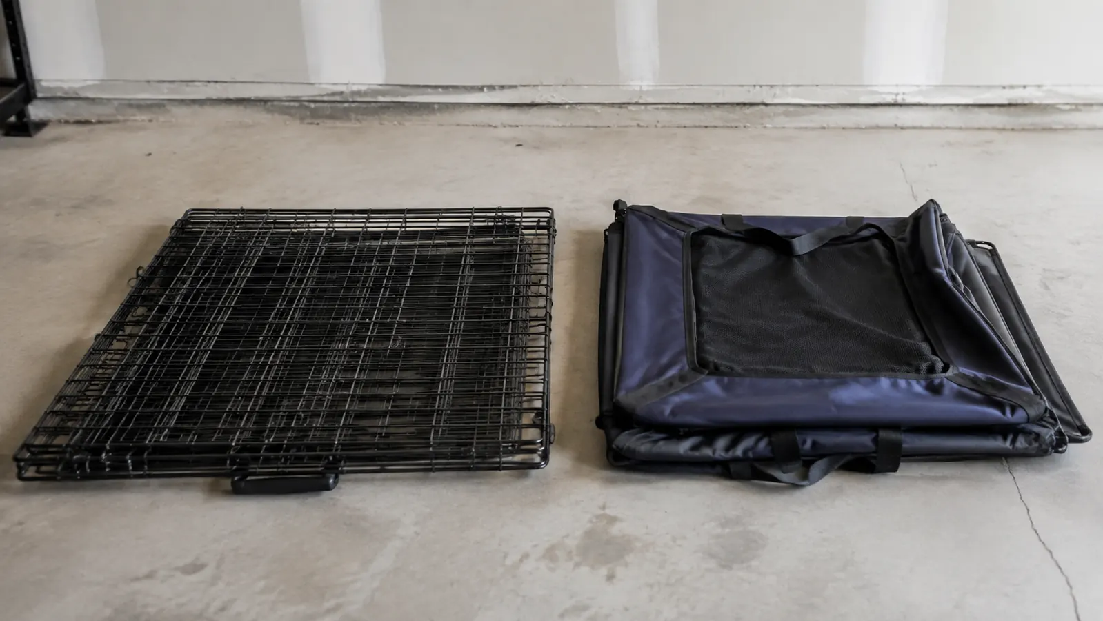 A folded flat wire crate and a collapsed fabric pop-up crate laid side by side on a garage floor for comparison