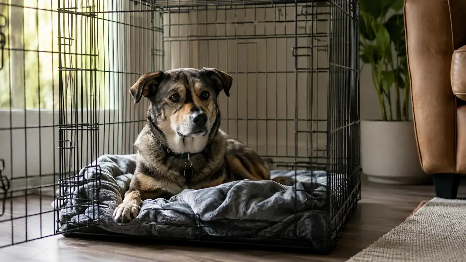 A calm medium mixed-breed dog lying content inside a wire crate with a folded blanket, the crate door open, in a bright living room corner
